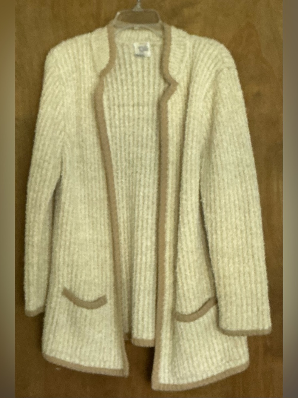 Vintage 80s Ratio Chunky Open Front Cardigan Sweater Beige Tan Trim Pockets L